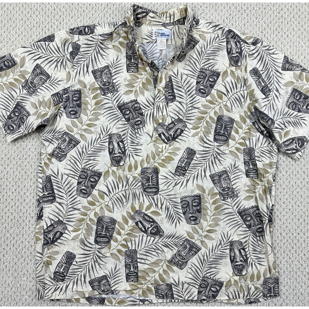 Reyn Spooner Hawaiian Shirt Mens XL All Over Tiki Masks Quarter Button Popover